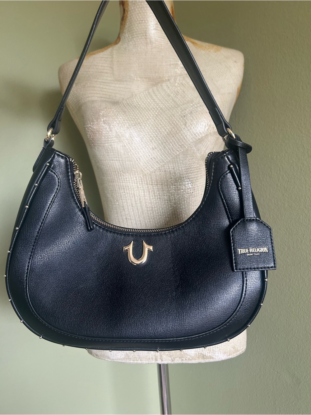 NWOT True Religion Black Leather Crescent Shoulder Bag with Gold Hardware